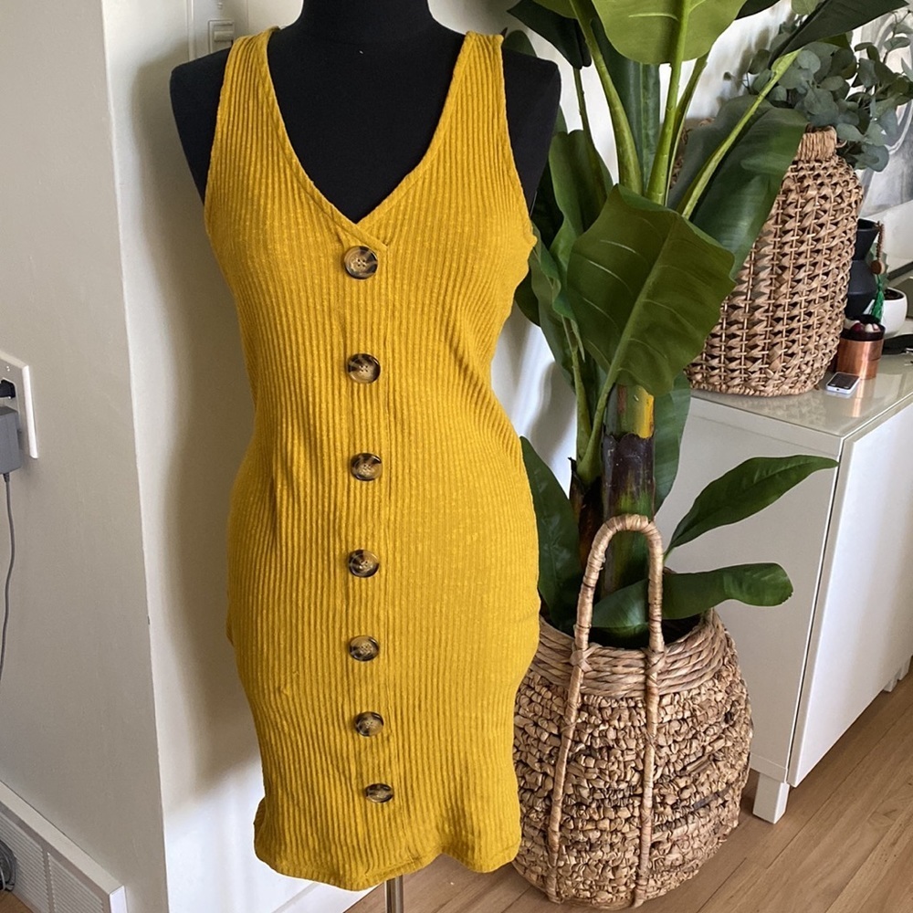 Forever 21 Mustard Yellow Ribbed Midi Dress with Front Buttons